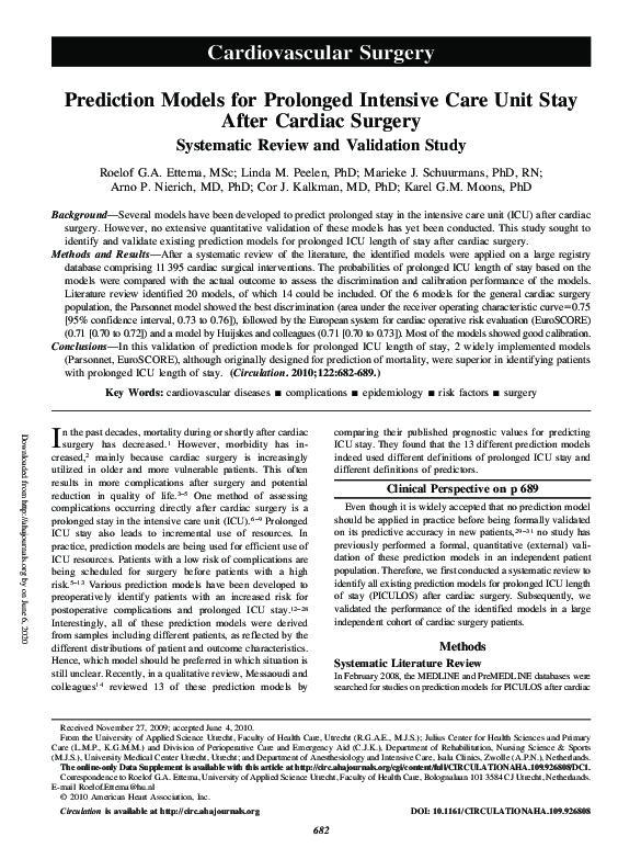 (PDF) Prediction Models for Prolonged Intensive Care Unit Stay After ...
