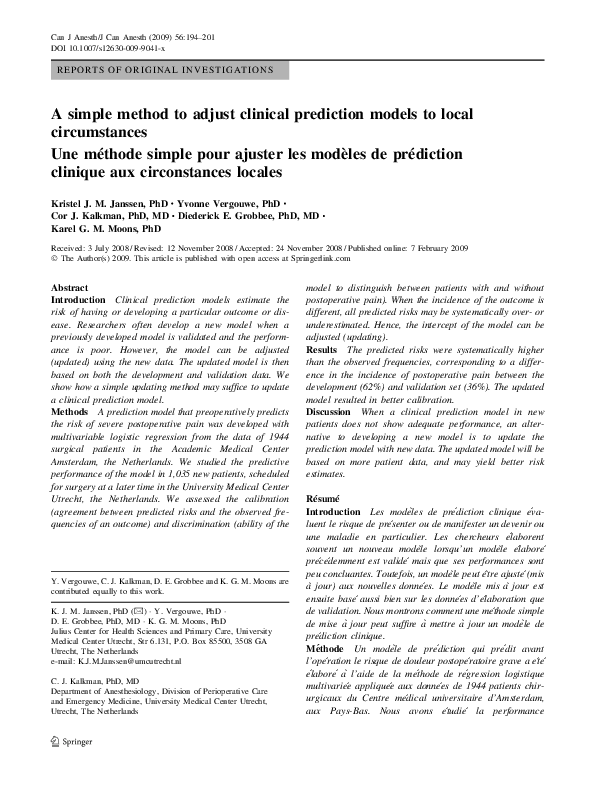 (PDF) A simple method to adjust clinical prediction models to local ...