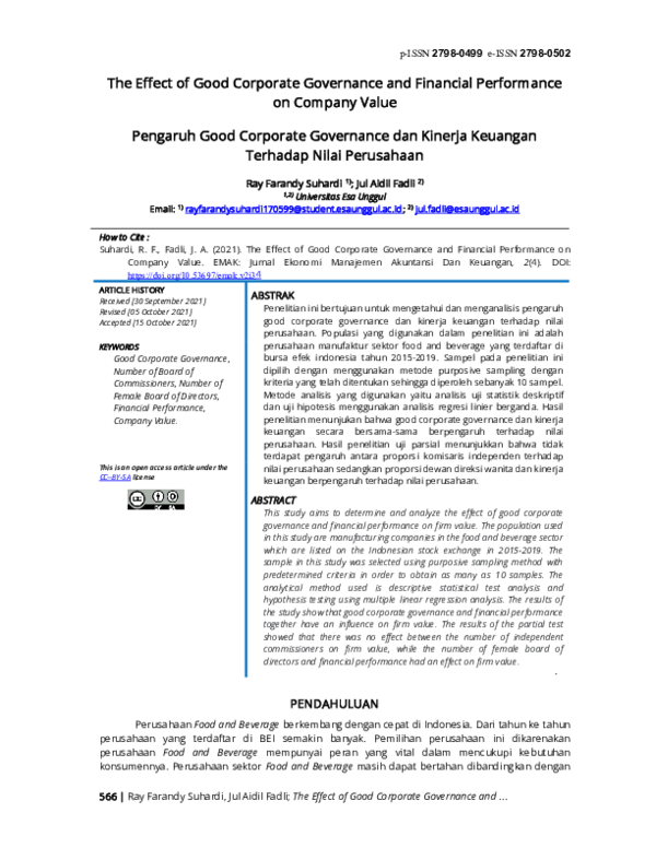 (PDF) The Effect of Good Corporate Governance and Financial Performance ...