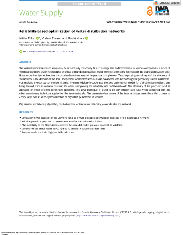 (PDF) Reliability Based Optimization of Water Distribution Networks