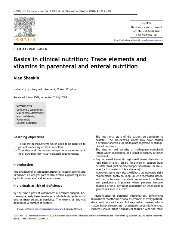 (PDF) Basics in clinical nutrition: Trace elements and vitamins in ...