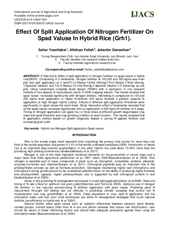 (PDF) Effect Of Split Application Of Nitrogen Fertilizer On Spad Valuse ...