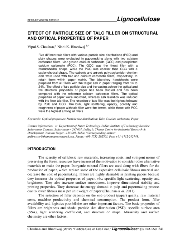 (PDF) Effect of Particle Size of Talc Filler on Structural and Optical ...