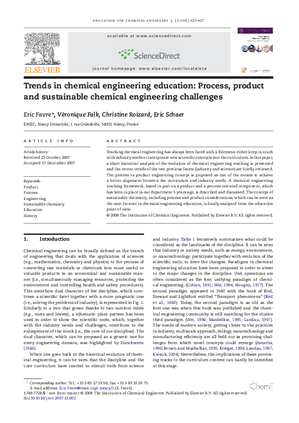 (PDF) Trends in chemical engineering education: Process, product and ...