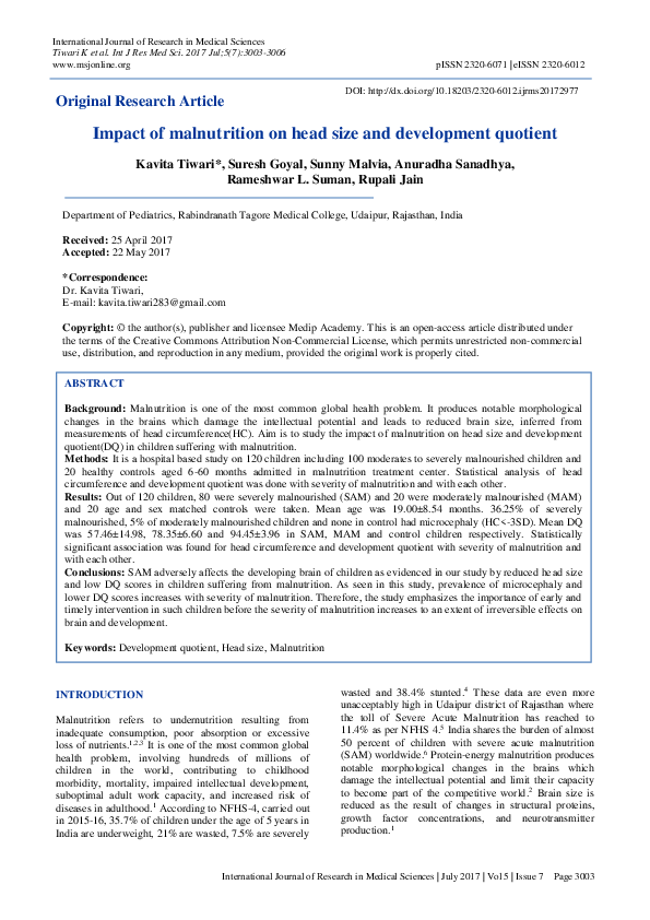 (PDF) Impact of malnutrition on head size and development quotient
