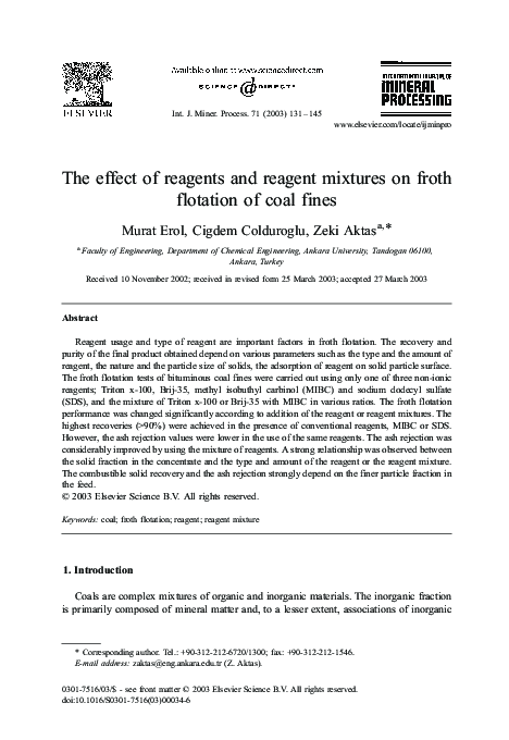 (PDF) The effect of reagents and reagent mixtures on froth flotation of ...
