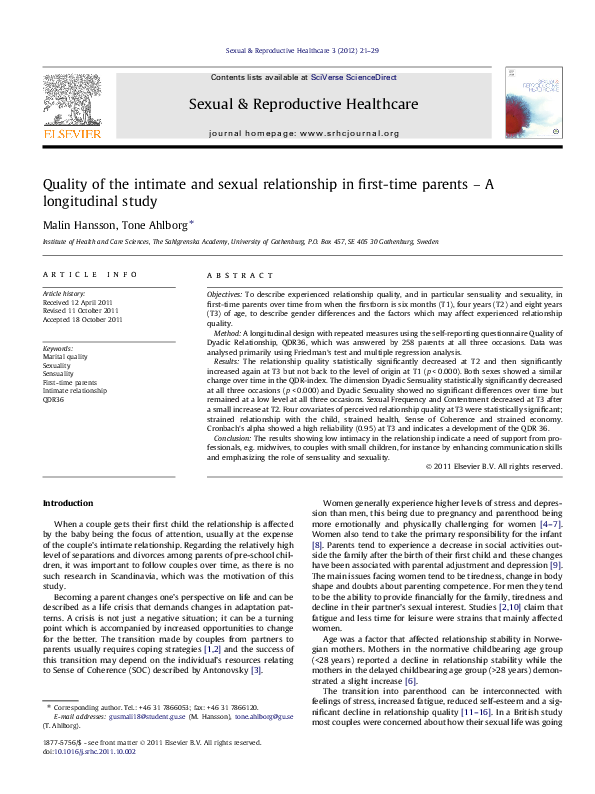 (PDF) Quality of the intimate and sexual relationship in first-time ...