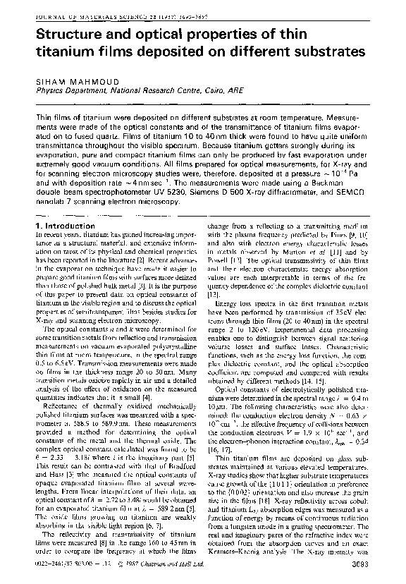 (PDF) Structure and optical properties of thin titanium films deposited ...