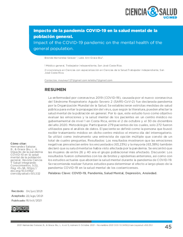 (PDF) Impacto de la pandemia COVID-19 en la salud mental de la ...