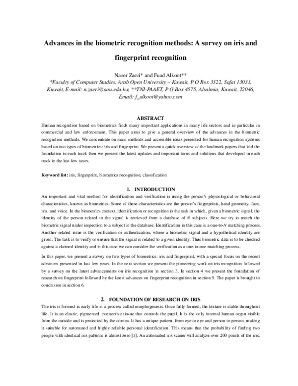 (PDF) Advances in the biometric recognition methods: a survey on iris ...