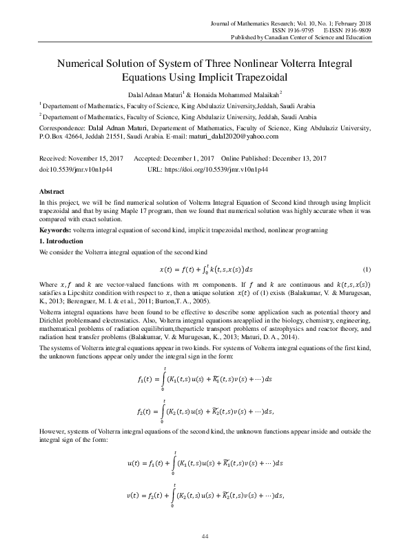 (PDF) Numerical Solution of System of Three Nonlinear Volterra Integral ...