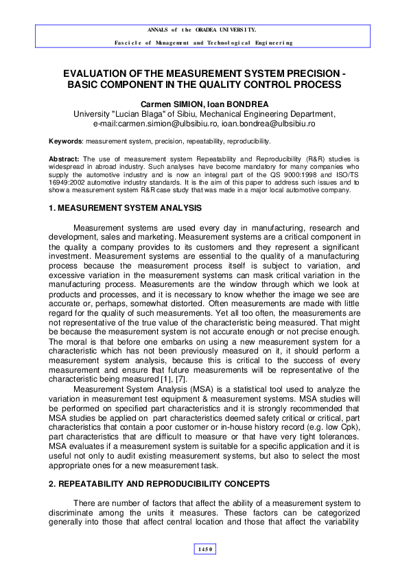 (PDF) Evaluation of the Measurement System Precision - Basic Component ...
