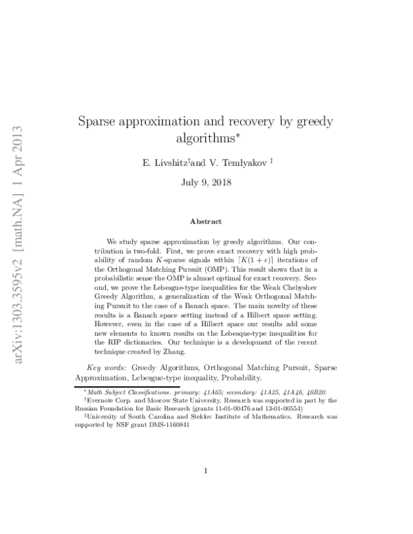 (PDF) Sparse Approximation and Recovery by Greedy Algorithms