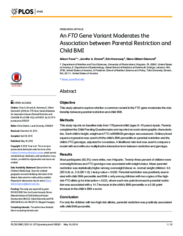 (PDF) An FTO Gene Variant Moderates the Association between Parental ...