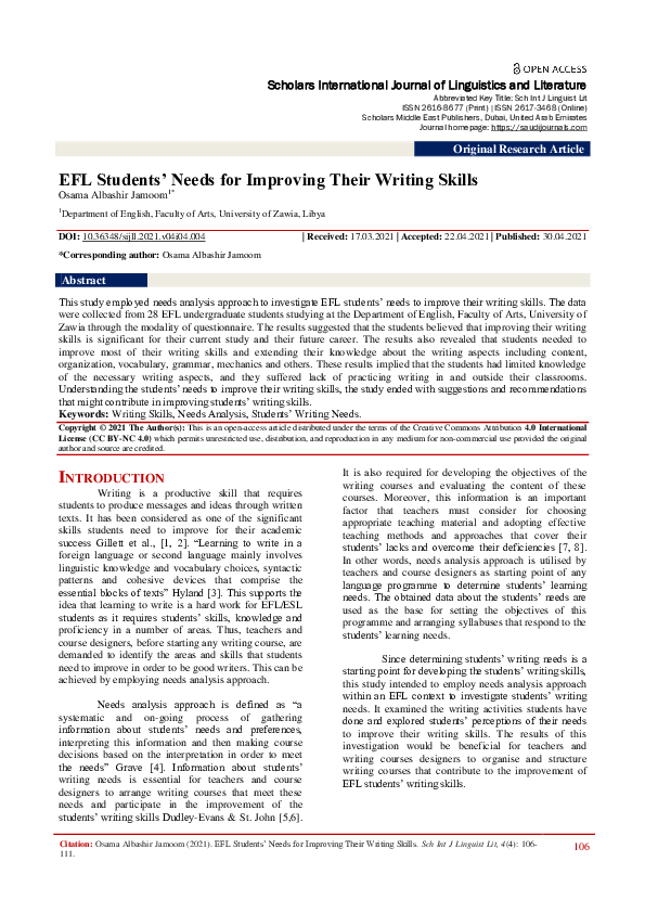 (PDF) EFL Students’ Needs for Improving Their Writing Skills