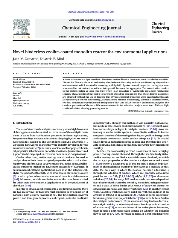 (PDF) Novel binderless zeolite-coated monolith reactor for ...