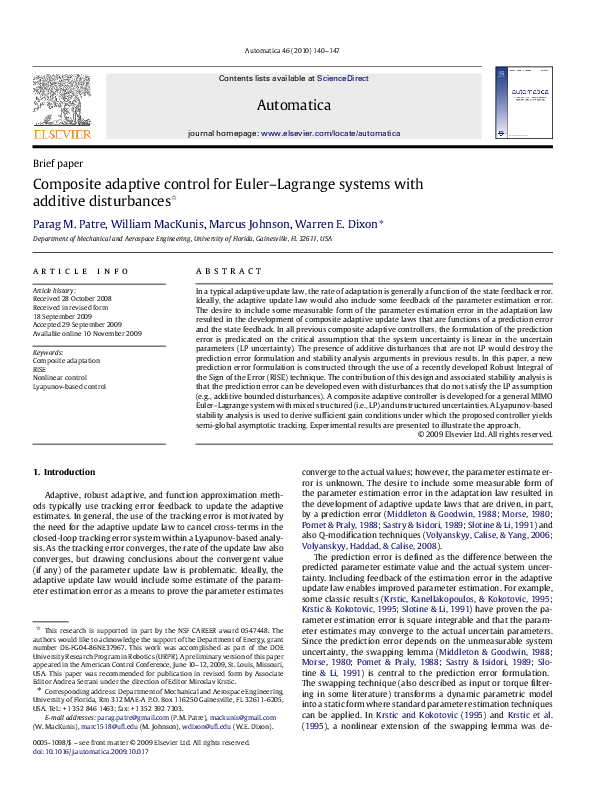 (PDF) Composite adaptive control for Euler-Lagrange systems with ...