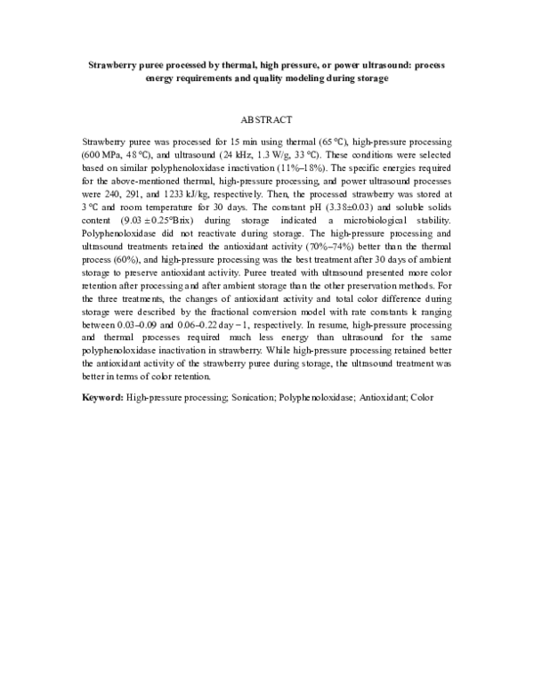 (PDF) Strawberry puree processed by thermal, high pressure, or power ...