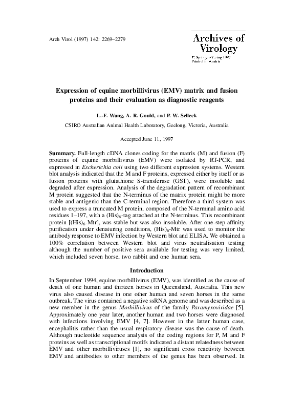 (PDF) Expression of equine morbillivirus (EMV) matrix and fusion ...