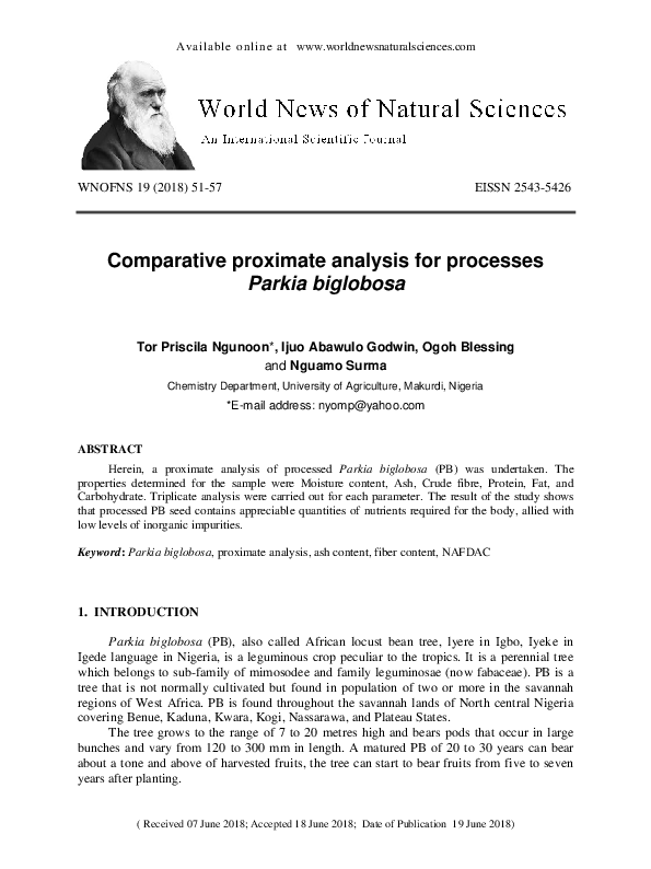 (PDF) Comparative proximate analysis for processes Parkia biglobosa