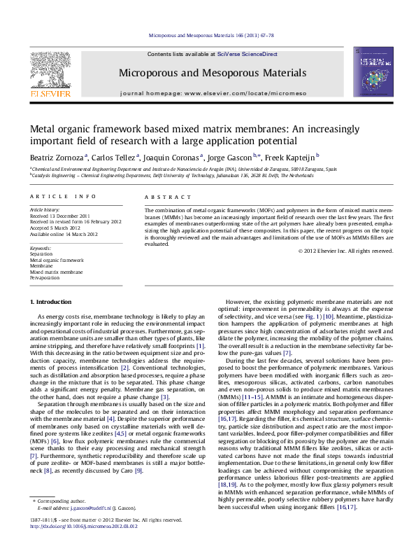 (PDF) Metal organic framework based mixed matrix membranes: An ...