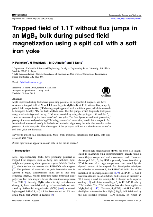 (PDF) Trapped field of 1.1 T without flux jumps in an MgB2 bulk during ...