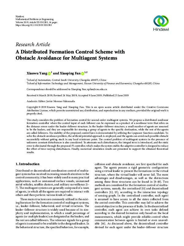 (PDF) A Distributed Formation Control Scheme with Obstacle Avoidance ...