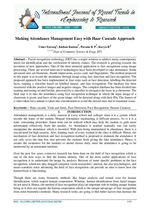 (PDF) Making Attendance Management Easy with Haar Cascade Approach