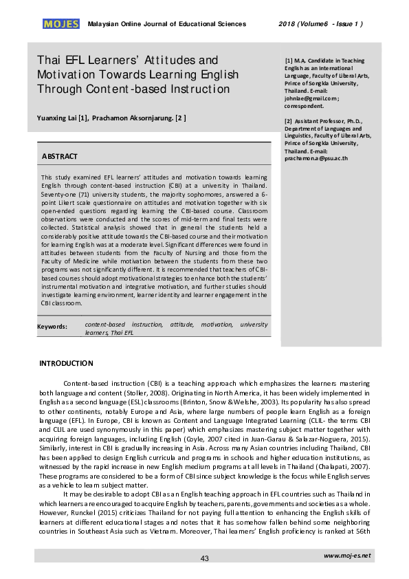 (PDF) Thai EFL Learners’ Attitudes and Motivation Towards Learning ...