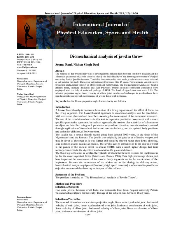 (PDF) Biomechanical analysis of javelin throw nishan deol Academia.edu