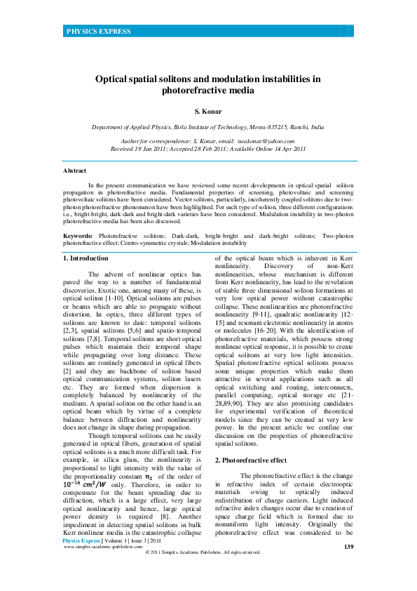 (PDF) Optical Spatial Solitons and Modulation Instabilities in ...