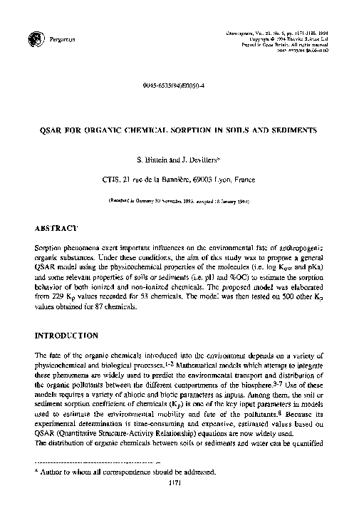 (PDF) QSAR for organic chemical sorption in soils and sediments