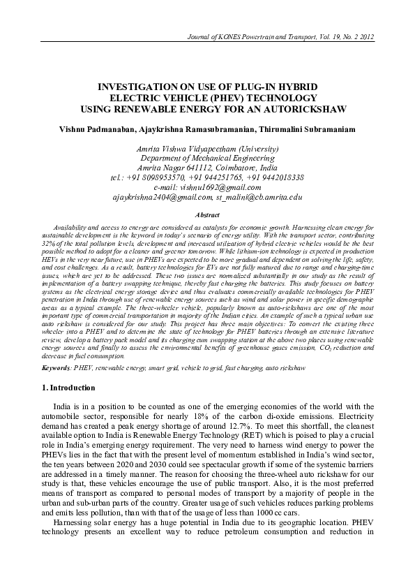 (PDF) Investigation on Use of Plug-In Hybrid Electric Vehicle (Phev ...