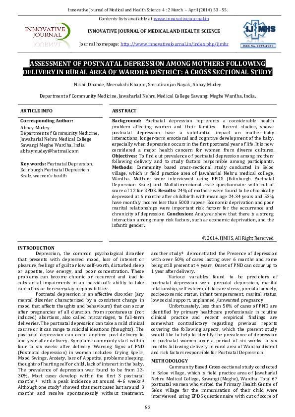 (PDF) Assessment of Postnatal Depression among mothers following ...