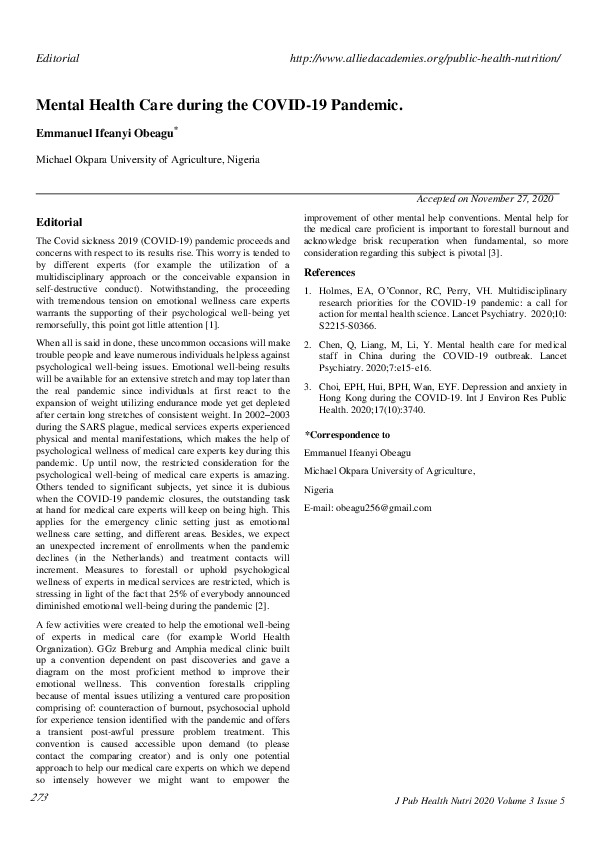 (PDF) Mental Health Care during the COVID-19 Pandemic