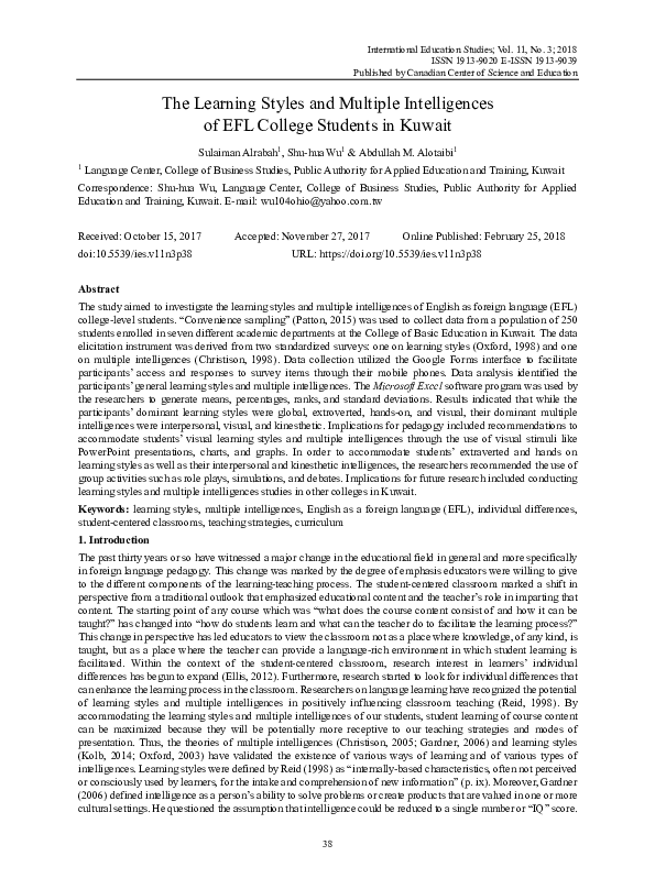 (PDF) The Learning Styles and Multiple Intelligences of EFL College ...
