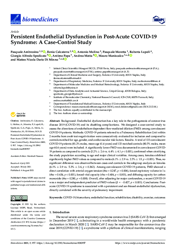 (PDF) Persistent Endothelial Dysfunction in Post-Acute COVID-19 ...