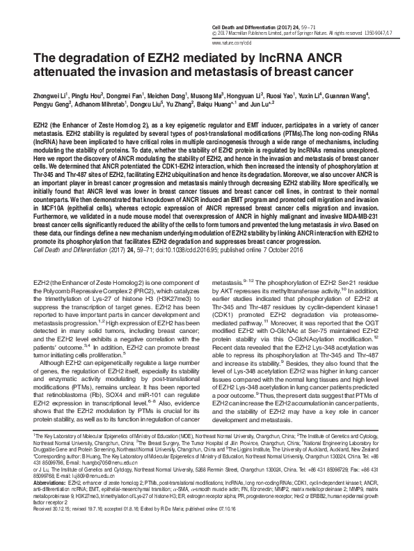 (PDF) The degradation of EZH2 mediated by lncRNA ANCR attenuated the ...