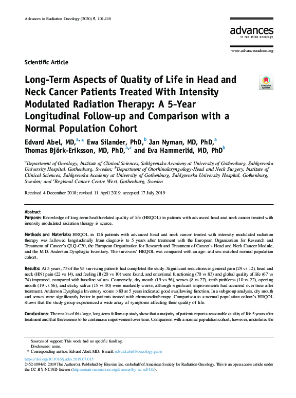 (PDF) Long-term aspects of quality of life in head and neck cancer ...