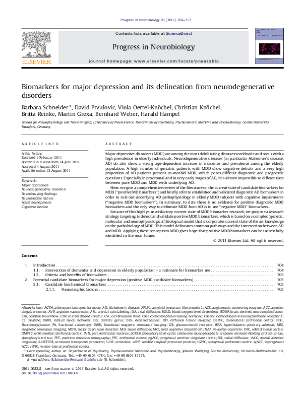 (PDF) Biomarkers for major depression and its delineation from ...