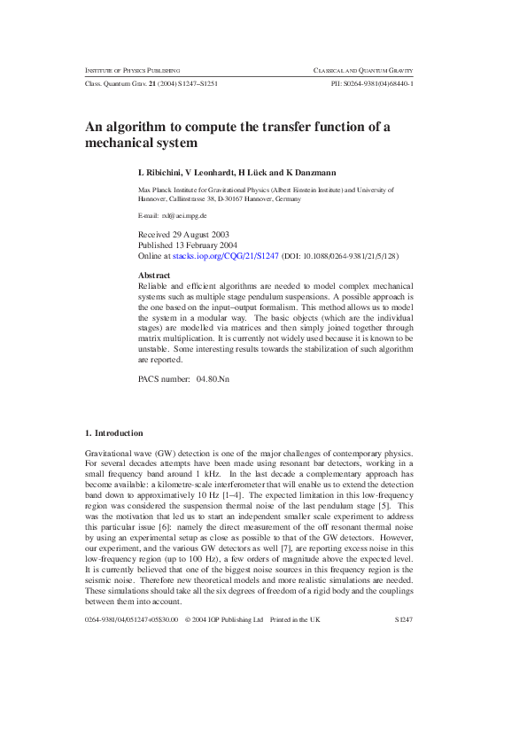 (PDF) An algorithm to compute the transfer function of a mechanical system