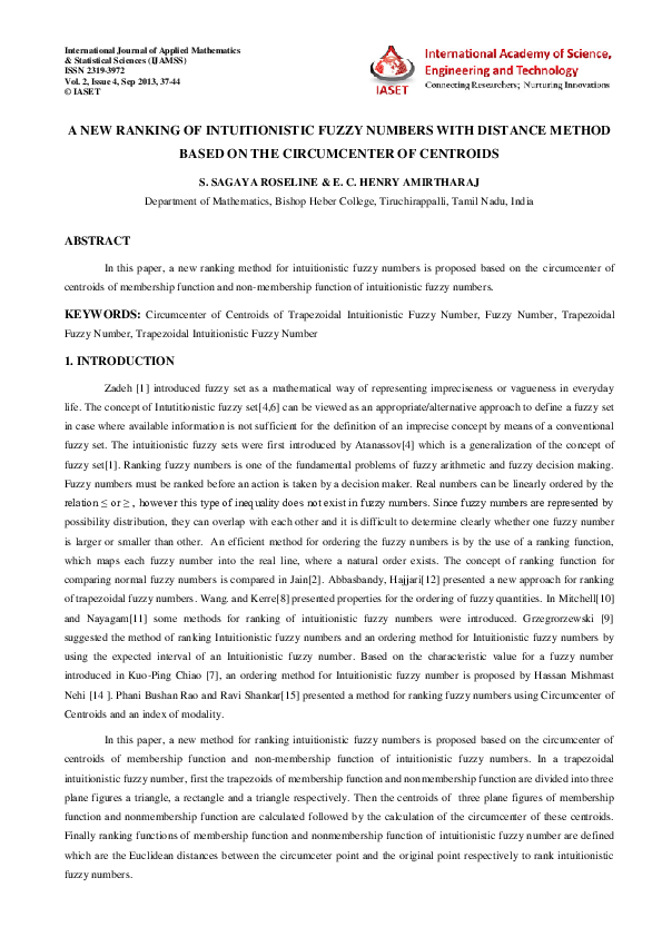 (PDF) A New Ranking of Intuitionistic Fuzzy Numbers with Distance ...