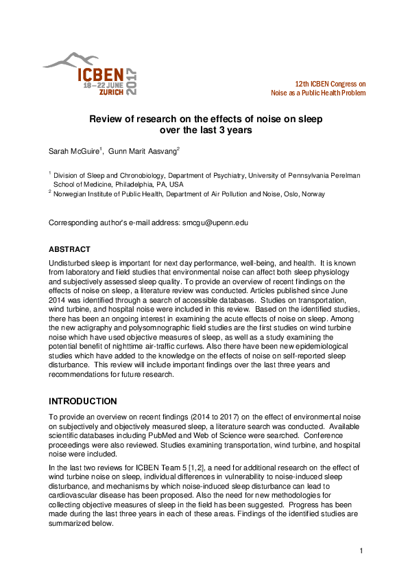(PDF) Problem Review of research on the effects of noise on sleep over ...