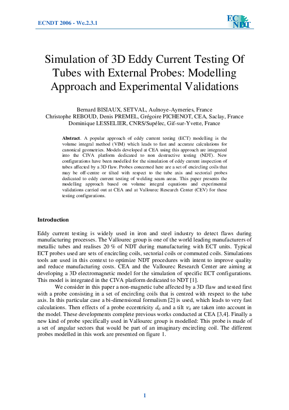 (PDF) Simulation of 3D Eddy Current Testing Of Tubes with External Probes Modelling Approach