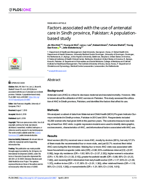 (PDF) Factors associated with the use of antenatal care in Sindh ...