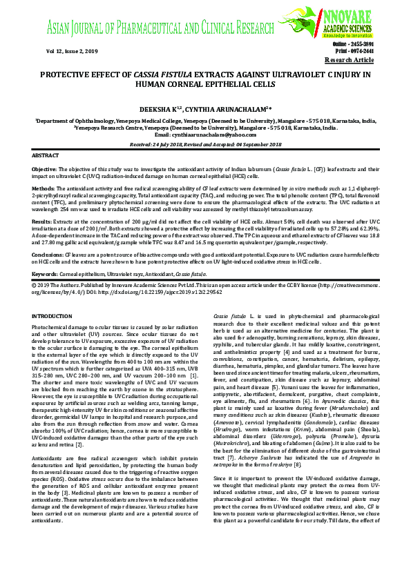 (PDF) Protective Effect of Cassia Fistula Extracts Against Ultraviolet ...