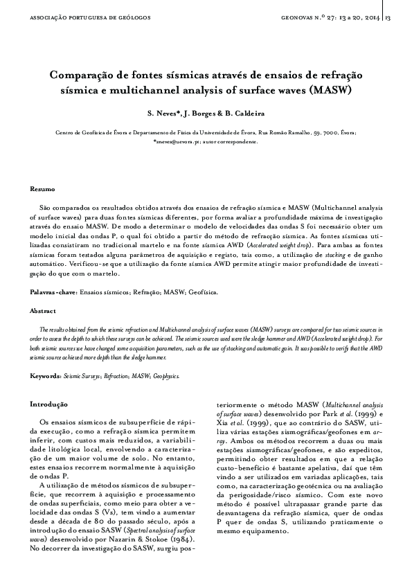 Comparação de fontes sísmicas através de ensaios de refração sísmica e multichannel analysis of surface waves (MASW)