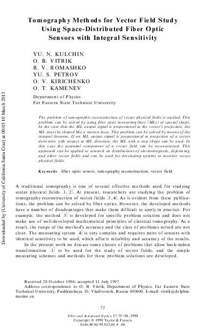 (PDF) Tomography Methods for Vector Field Study Using Space-Distributed ...