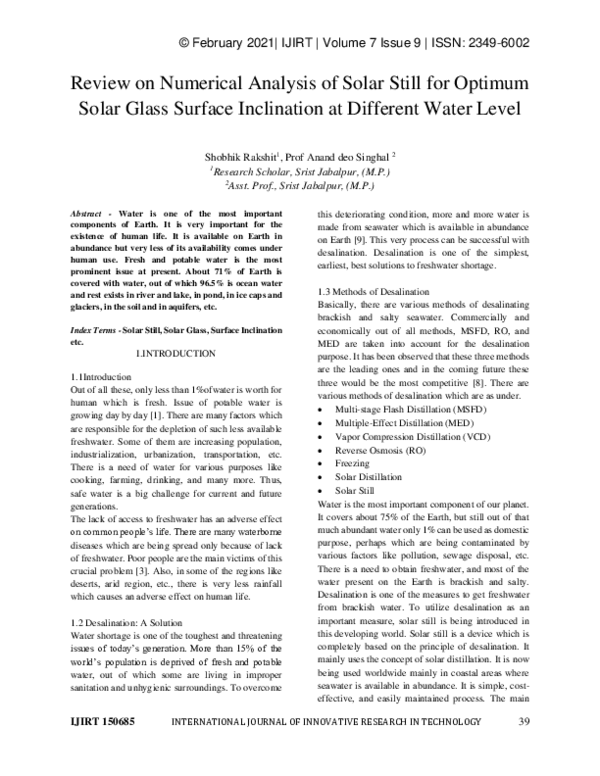 (PDF) Review on Numerical Analysis of Solar Still for Optimum Solar ...