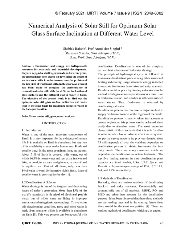 (PDF) Numerical Analysis of Solar Still for Optimum Solar Glass Surface ...